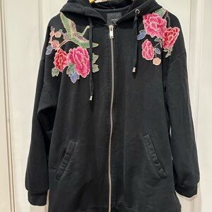 Forever 21 Black Hoodie with Embroidered Pink Floral Accents
